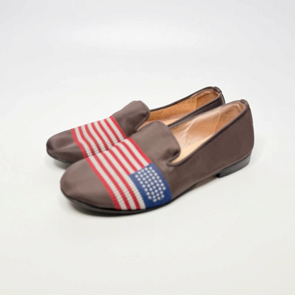 Lynn's Closet Boutique FS/NY dark brown leather loafers featuring an embroidered American flag design on the toe.