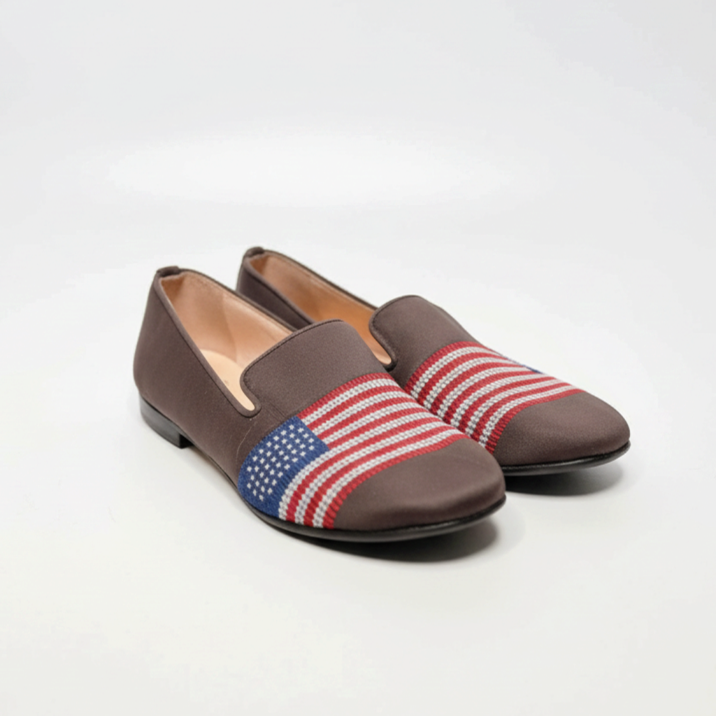 Lynn's Closet Boutique FS/NY dark brown loafers featuring an embroidered American flag design on the toe