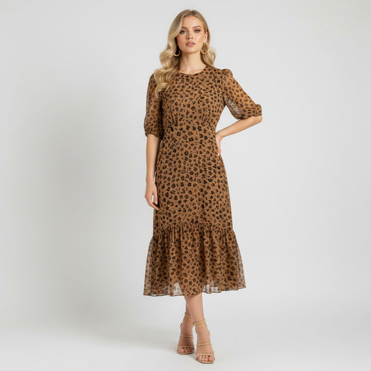 Lynn's Closet Boutique brown and black animal print midi dress with puff sleeves and tiered hem, size 8.