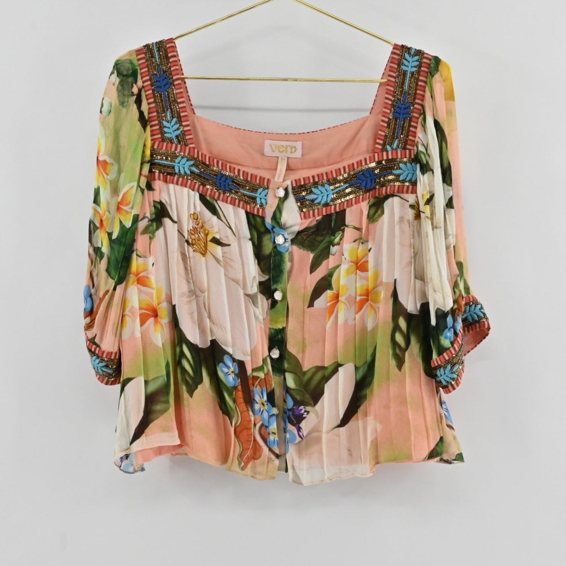 Lynn's Closet Boutique Anthropologie Verb pleated top with floral print, square neckline, and beaded embroidery.