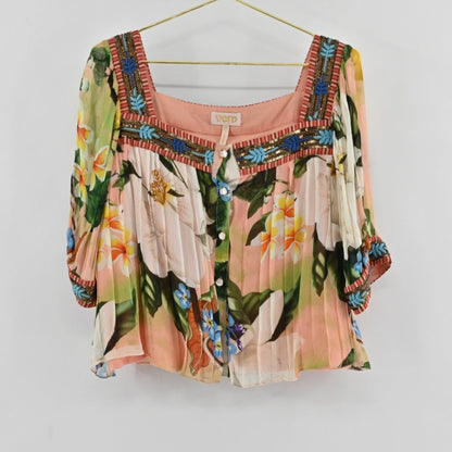 Lynn's Closet Boutique Anthropologie Verb pleated top with floral print, square neckline, and beaded embroidery.