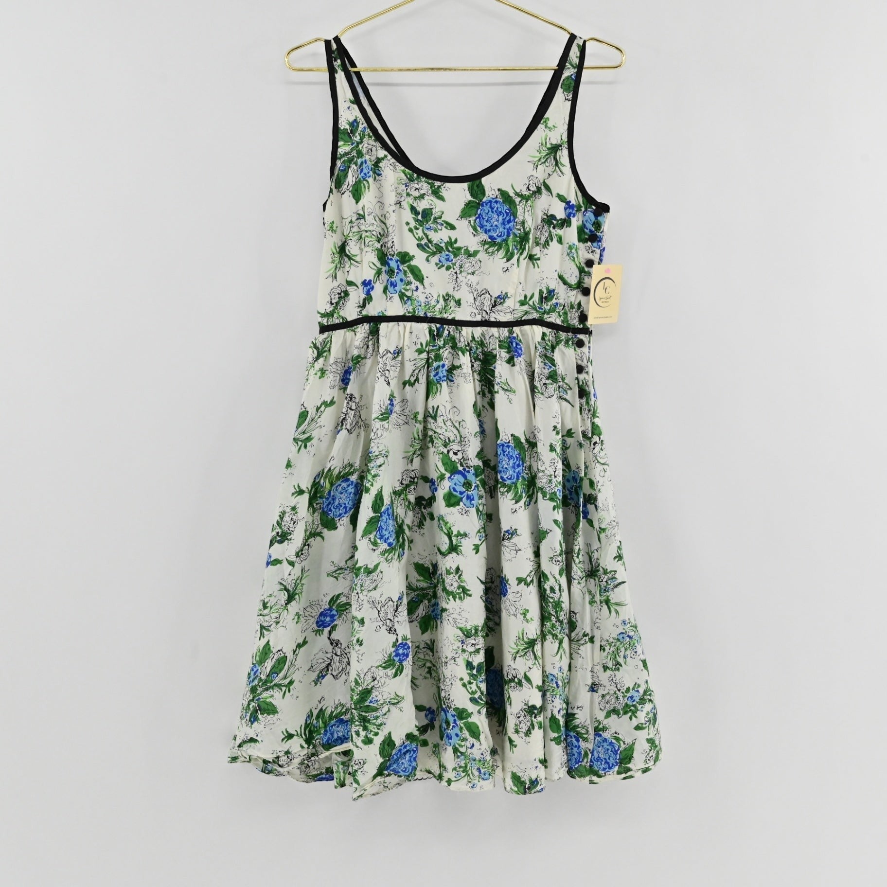 Lynn's Closet Boutique Anthropologie silk floral dress with blue and green botanical print and black trim detailing.