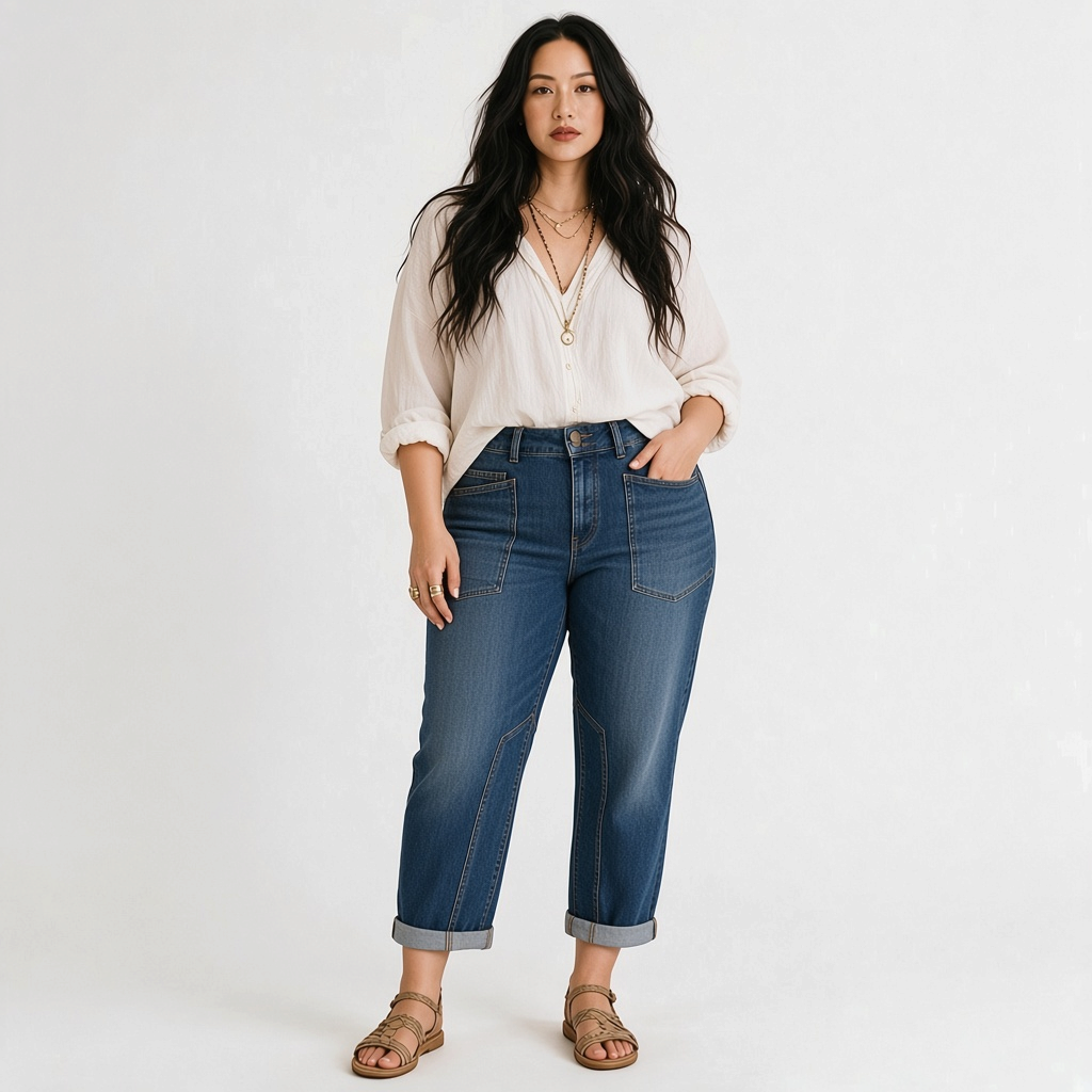 Model wearing Lynn's Closet Boutique Anthropologie Pilcro high-rise tapered jeans with patch pockets and cuffed hems