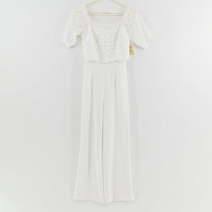 Lynn's Closet Boutique Antonio Melani white wide-leg jumpsuit with off-the-shoulder crochet lace bodice