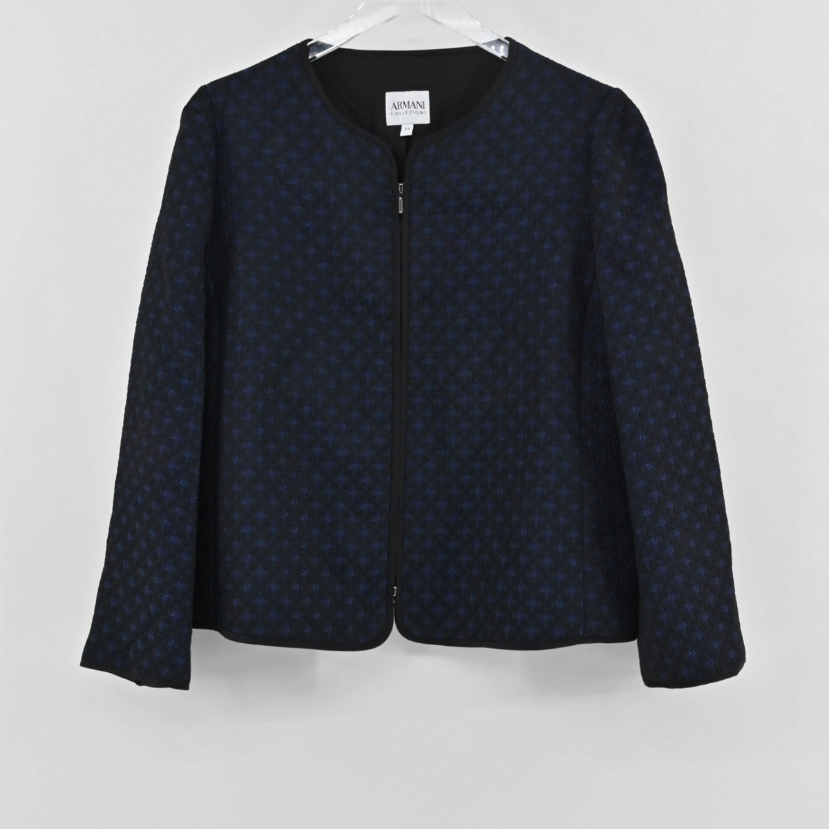 Lynn's Closet Boutique Armani Collezioni navy and black textured collarless zip jacket in size 12