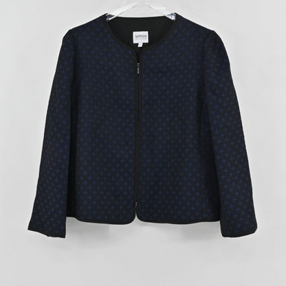 Lynn's Closet Boutique Armani Collezioni navy and black textured collarless zip jacket in size 12