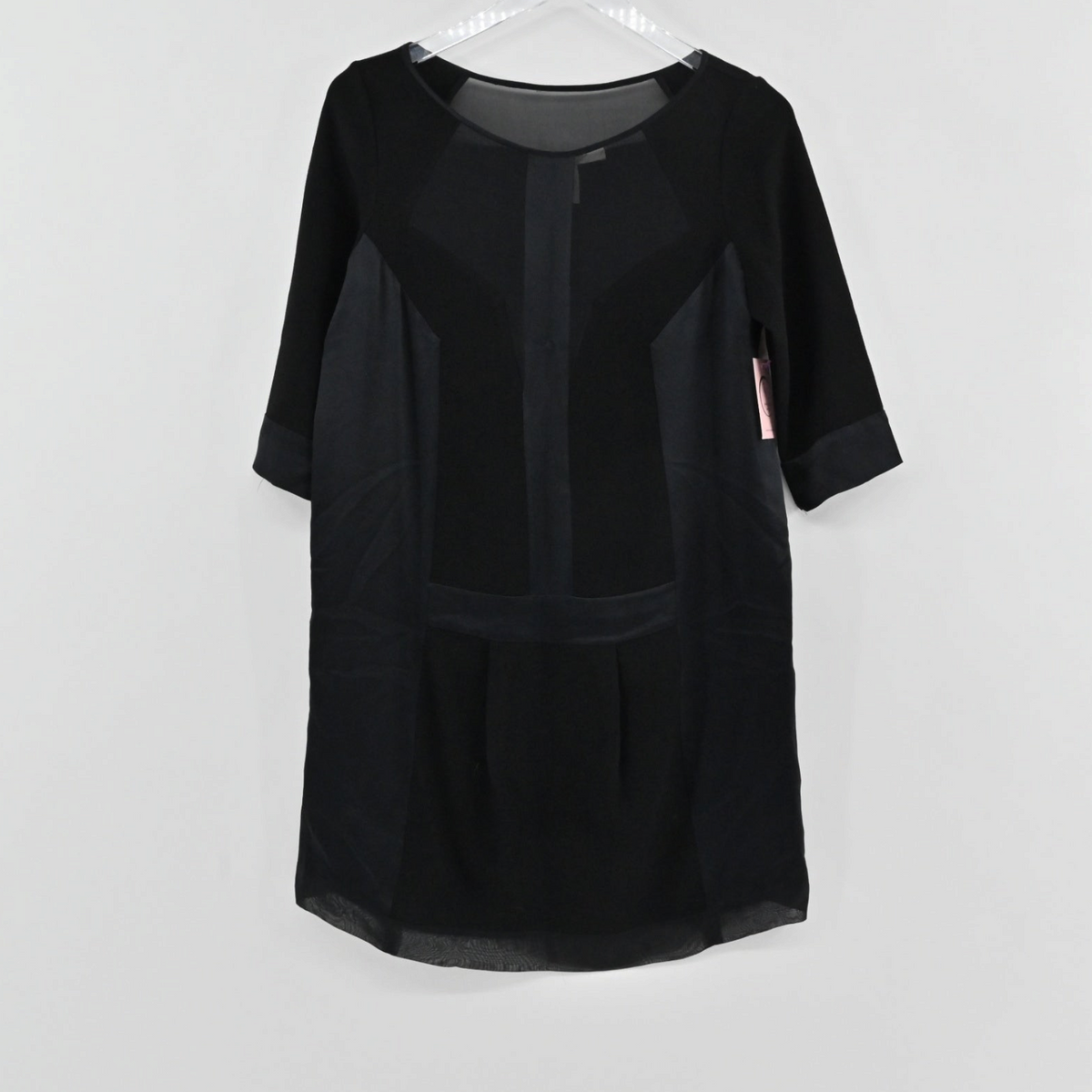 Lynn's Closet Boutique BCBGMaxAzria Runway black shift dress with sheer panels and elbow-length sleeves