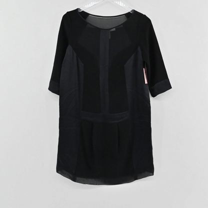 Lynn's Closet Boutique BCBGMaxAzria Runway black shift dress with sheer panels and elbow-length sleeves
