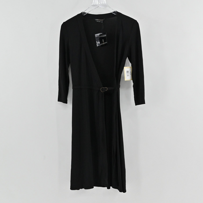 Lynn's Closet Boutique BCBGMaxAzria black wrap dress with three-quarter sleeves and a minimalist waist buckle detail.