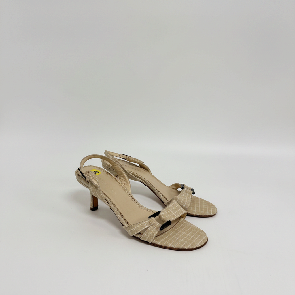 Lynn's Closet Boutique beige grid fabric slingback kitten heels with buckle detail and adjustable strap