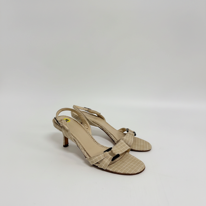 Lynn's Closet Boutique beige grid fabric slingback kitten heels with buckle detail and adjustable strap