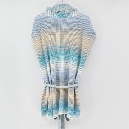 Lynn's Closet Boutique sleeveless knit cardigan in a blue, cream, and sand gradient with fringe collar and waist belt.