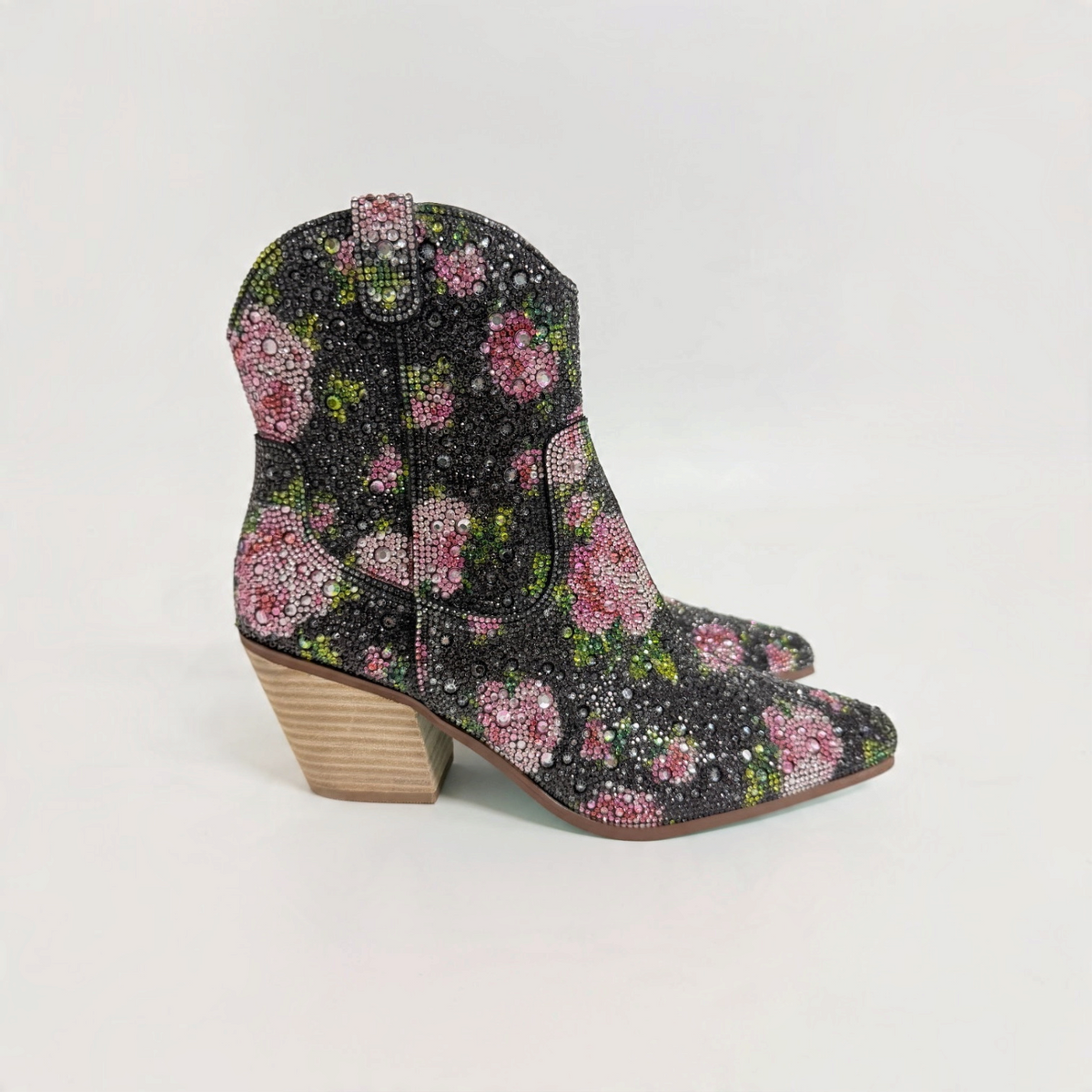 Lynn's Closet Boutique Betsey Johnson Emory black western ankle boots with pink floral rhinestone embellishments