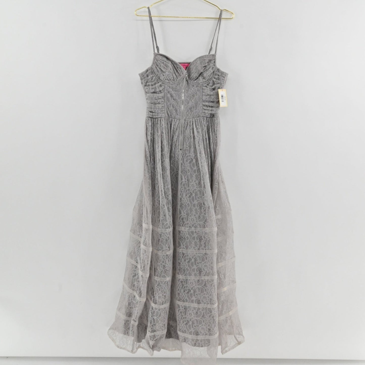 Lynn's Closet Boutique Betsey Johnson gray lace midi dress with corset bodice, spaghetti straps, and front-zip closure.