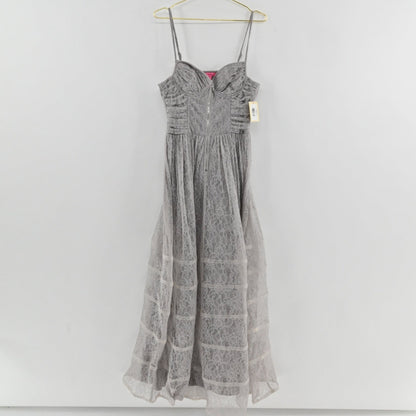 Lynn's Closet Boutique Betsey Johnson gray lace midi dress with corset bodice, spaghetti straps, and front-zip closure.