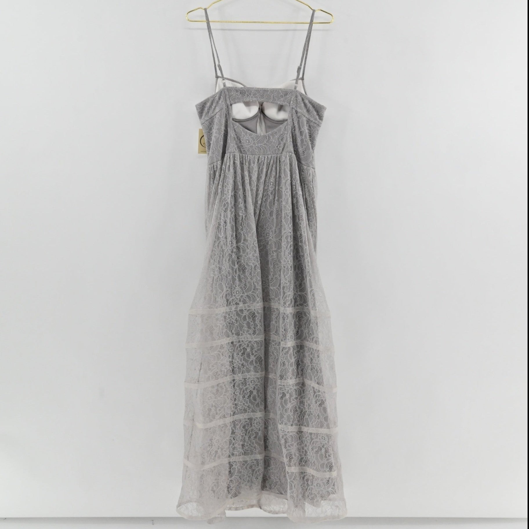 Lynn's Closet Boutique Betsey Johnson gray lace midi dress with spaghetti straps and sheer horizontal skirt panels.