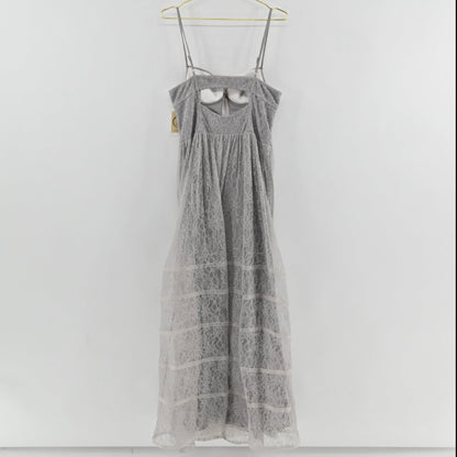 Lynn's Closet Boutique Betsey Johnson gray lace midi dress with spaghetti straps and sheer horizontal skirt panels.