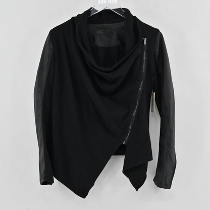 Lynn's Closet Boutique black Blank NYC moto jacket with faux leather sleeves and an asymmetrical draped front zipper.