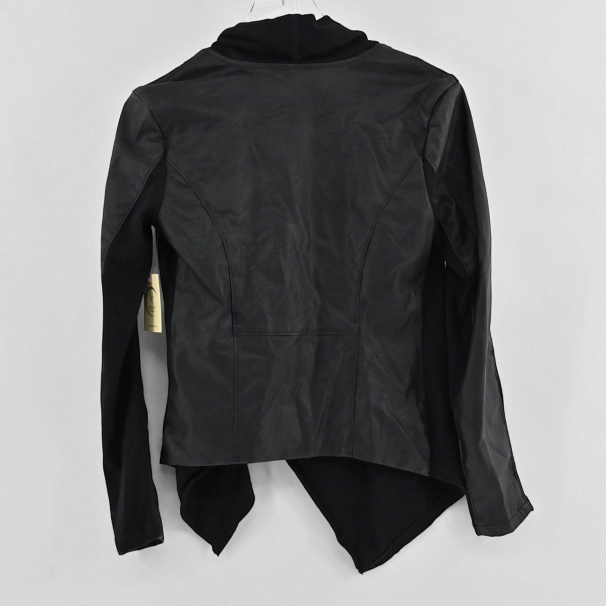 Lynn's Closet Boutique black faux leather moto jacket with mixed-media fabric panels and draped back view