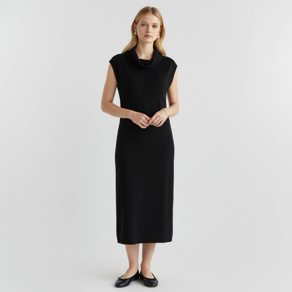 Model wearing a Lynn's Closet Boutique black sleeveless midi dress with a cowl neckline in a minimalist studio setting.