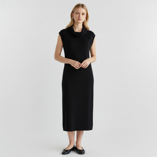 Model wearing a Lynn's Closet Boutique black sleeveless midi dress with a cowl neckline in a minimalist studio setting.