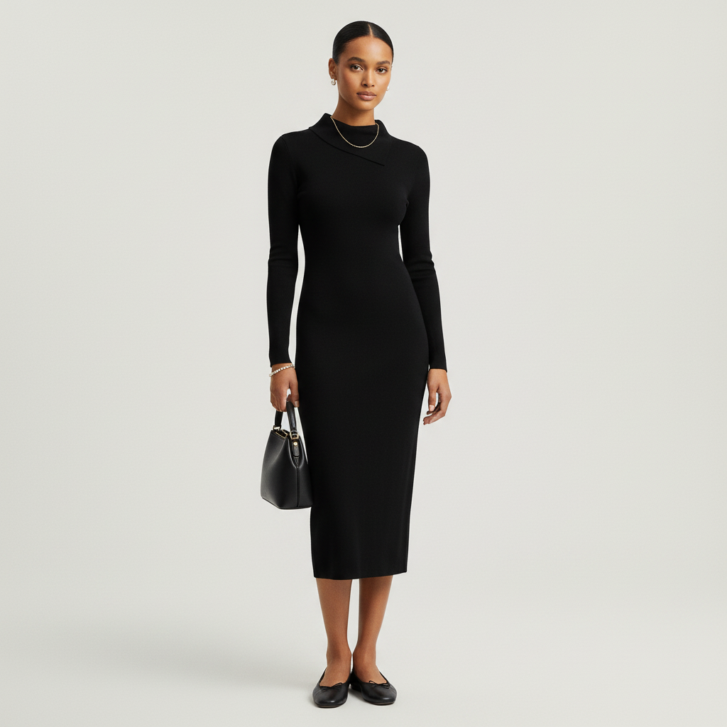 Model wearing a Lynn's Closet Boutique black long-sleeve midi dress with an asymmetrical collar and knit texture.
