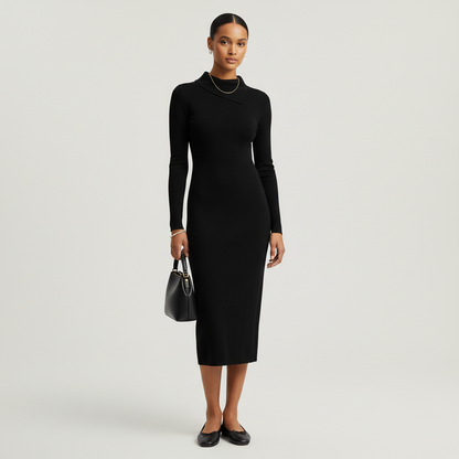 Model wearing a Lynn's Closet Boutique black long-sleeve midi dress with an asymmetrical collar and knit texture.