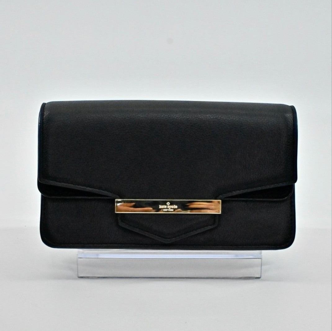 Lynn's Closet Boutique black pebbled leather Kate Spade Kaela Carmel Court crossbody bag with gold-tone metal bar.