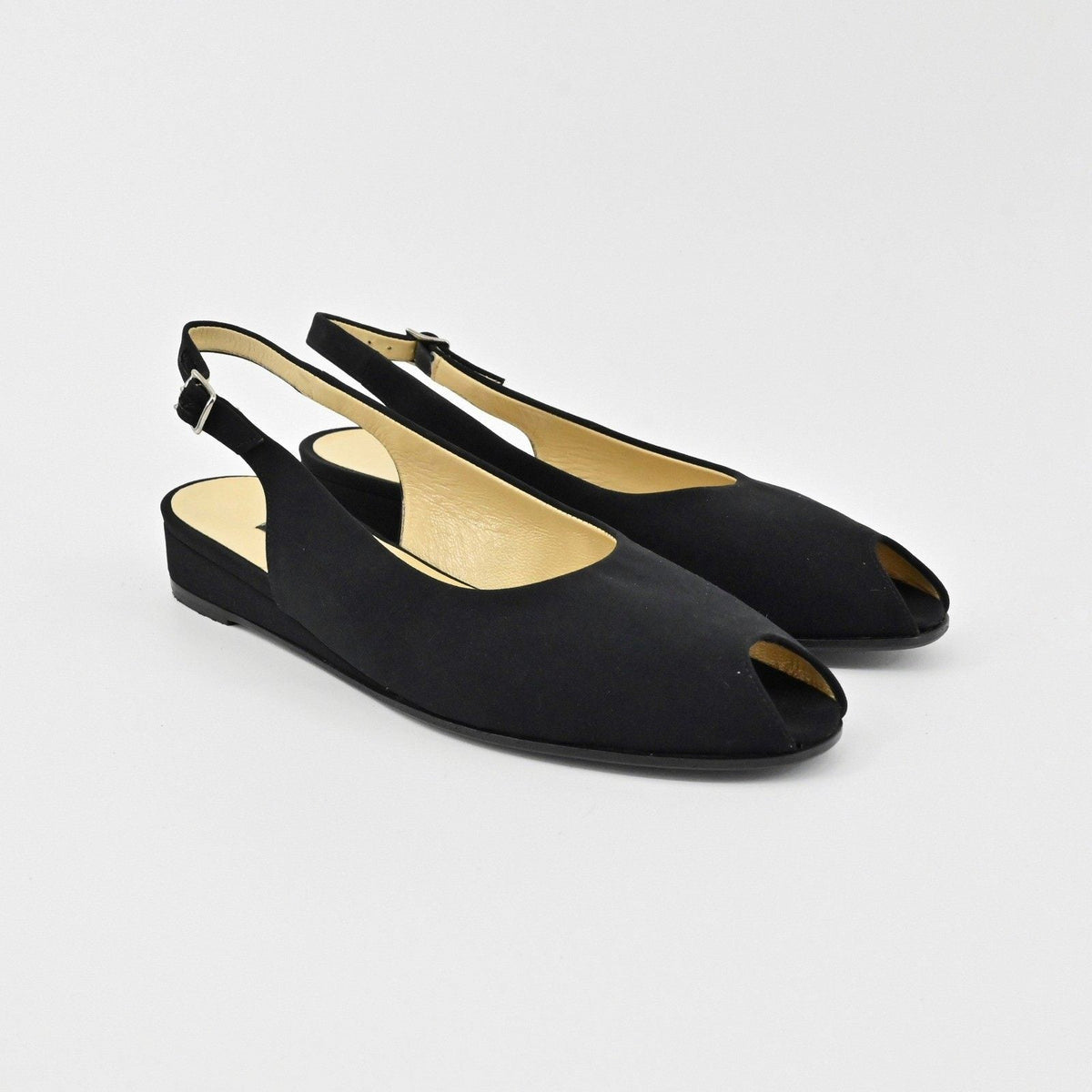 Lynn's Closet Boutique Bruno Magli black leather peep-toe slingback flats with a low heel and adjustable strap.