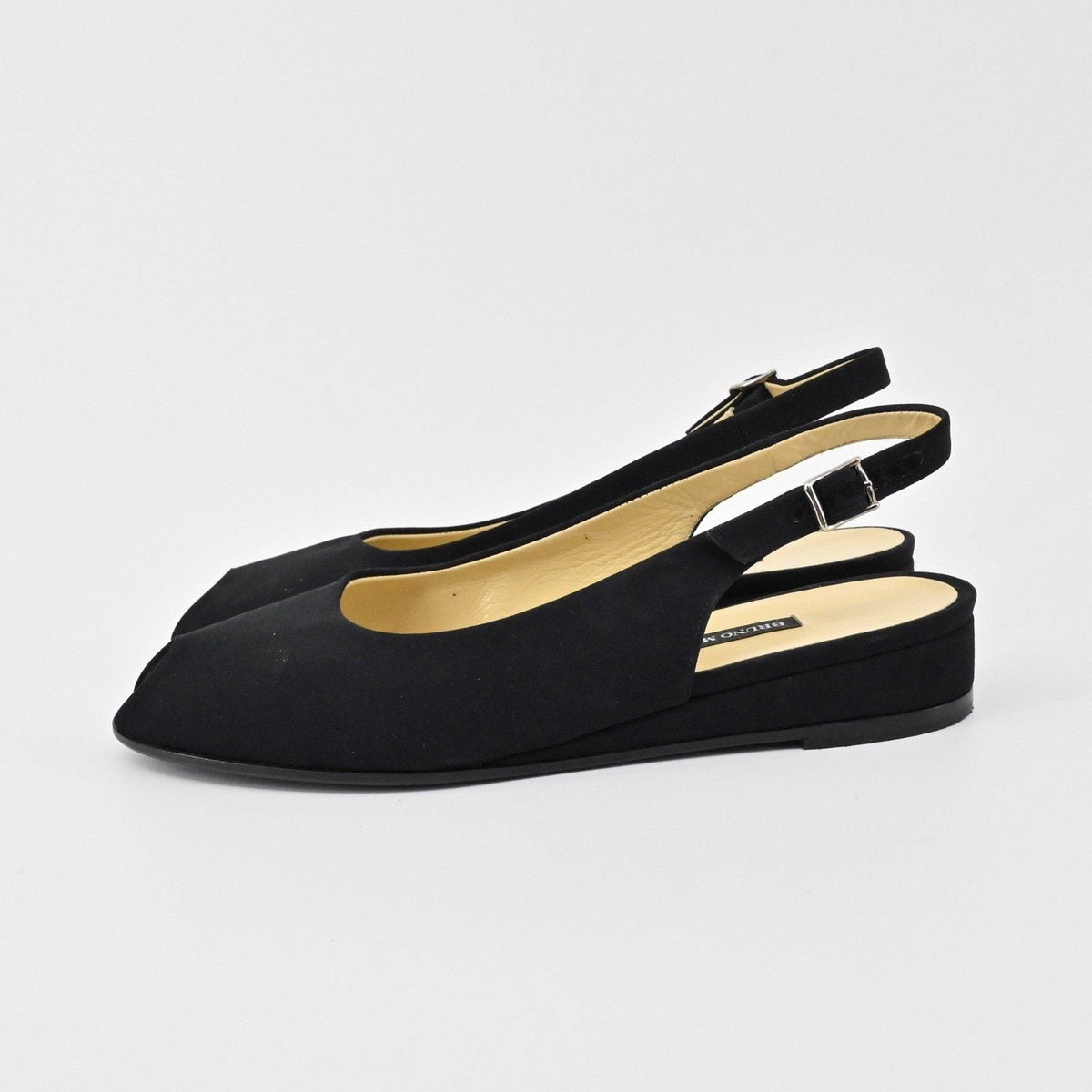 Lynn's Closet Boutique Bruno Magli black leather peep-toe slingback flats with a low heel and adjustable strap.