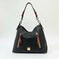 Lynn's Closet Boutique Dooney & Bourke black pebbled leather tote with brown accents, gold hardware, and front pockets.