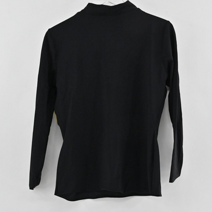 Lynn's Closet Boutique black long-sleeve top with a high neckline, shown hanging against a plain white background.