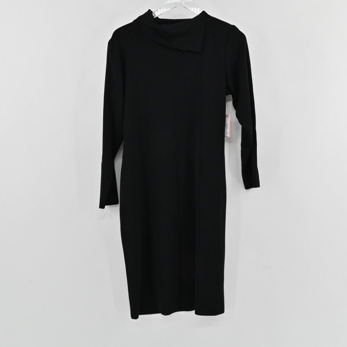 Lynn's Closet Boutique black Misook long-sleeve midi dress featuring an asymmetrical folded collar in knit fabric.