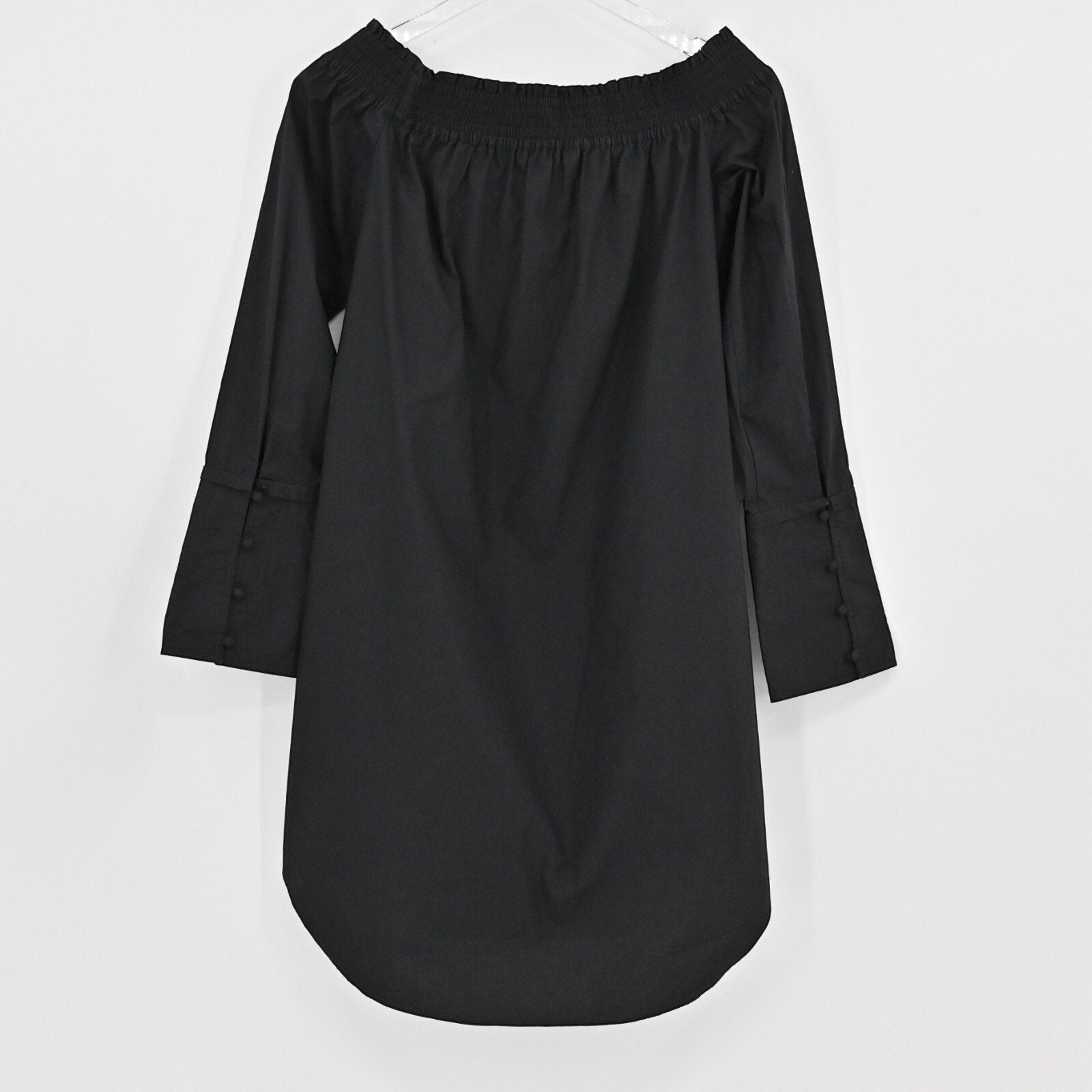 Lynn's Closet Boutique black Derek Lam 10 Crosby off-the-shoulder mini dress with bell sleeves and button cuffs.