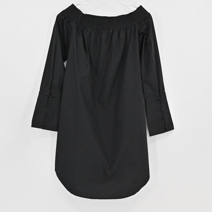 Lynn's Closet Boutique black Derek Lam 10 Crosby off-the-shoulder mini dress with bell sleeves and button cuffs.