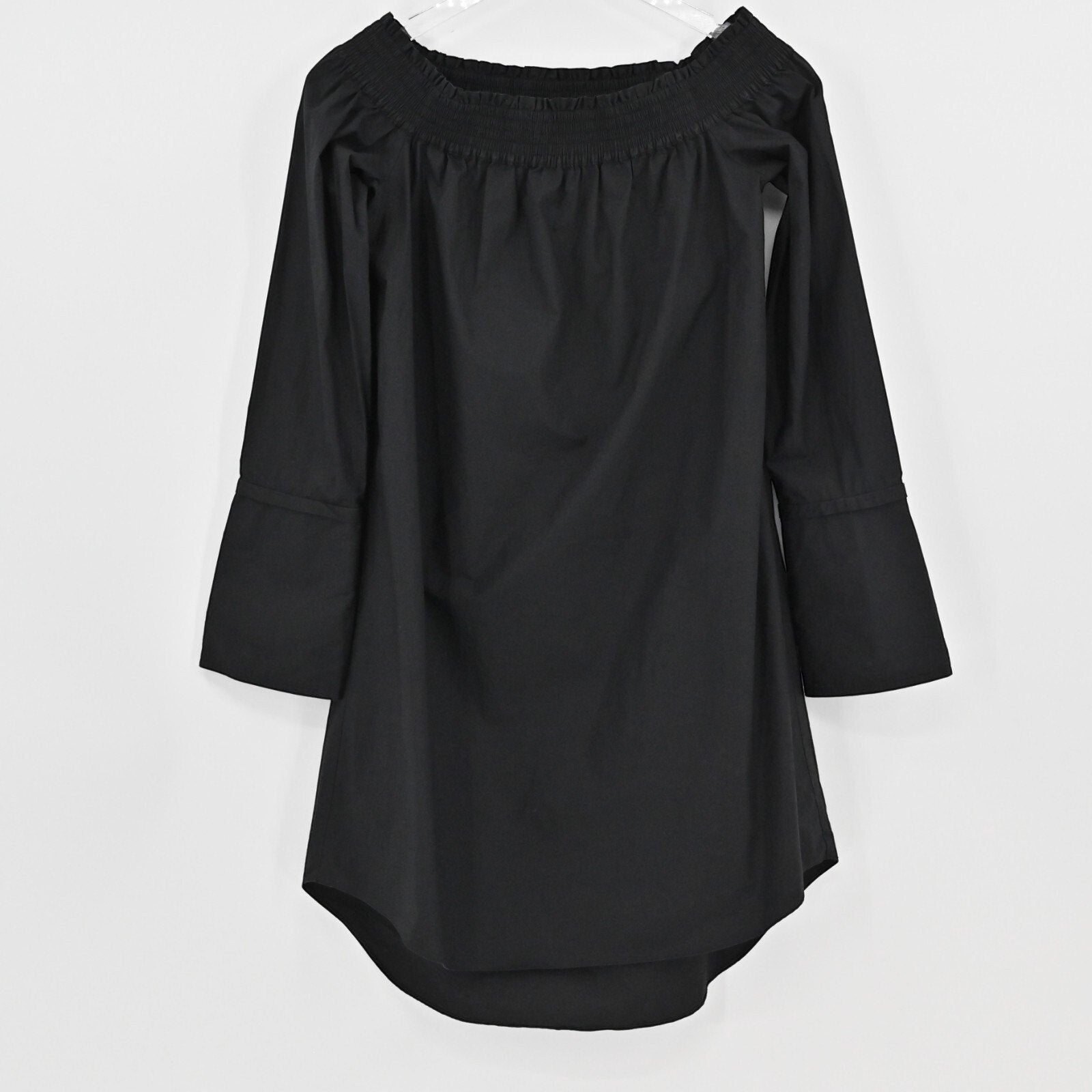 Lynn's Closet Boutique black Derek Lam 10 Crosby off-the-shoulder mini dress with bell sleeves and high-low hem