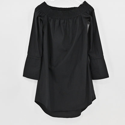 Lynn's Closet Boutique black Derek Lam 10 Crosby off-the-shoulder mini dress with bell sleeves and high-low hem