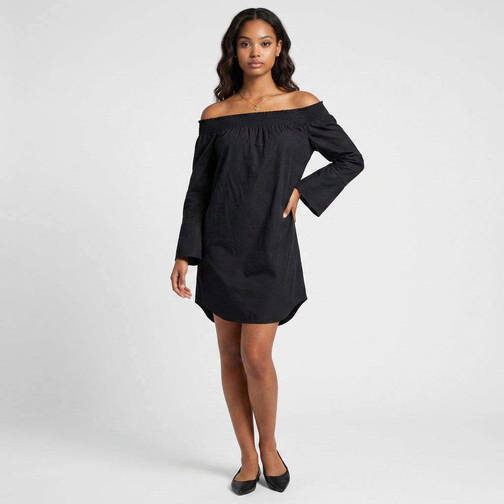 Lynn's Closet Boutique Derek Lam 10 Crosby black off-the-shoulder mini dress with bell sleeves on a model