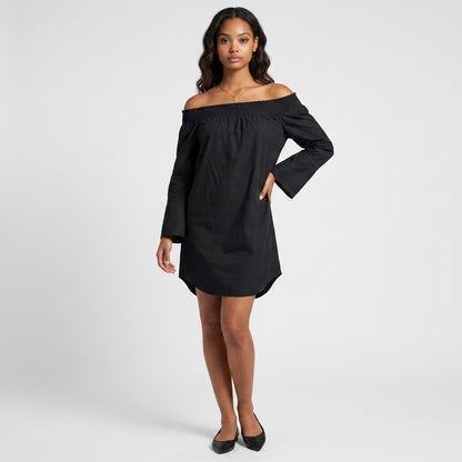 Lynn's Closet Boutique Derek Lam 10 Crosby black off-the-shoulder mini dress with bell sleeves on a model