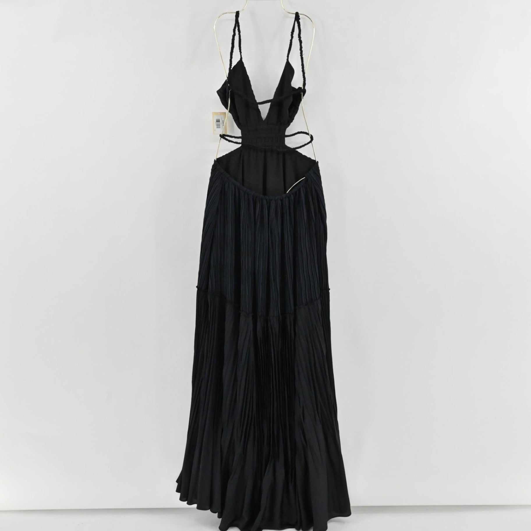 Lynn's Closet Boutique Jonathan Simkhai black floor-length gown with pleated texture, V-neck, and side cut-outs.
