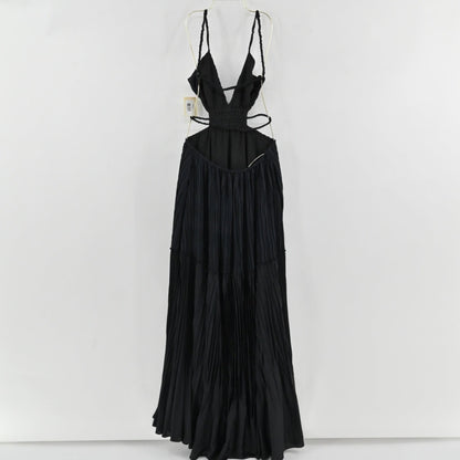 Lynn's Closet Boutique Jonathan Simkhai black floor-length gown with pleated texture, V-neck, and side cut-outs.