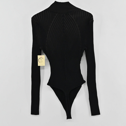 Lynn's Closet Boutique black ribbed sweater bodysuit with a mock neck and long sleeves hanging on a white background.