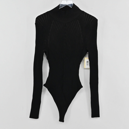 Lynn's Closet Boutique black ribbed sweater bodysuit with a mock neck and long sleeves on a hanger.