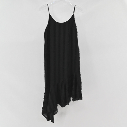 Lynn's Closet Boutique black Anthropologie Eri + Ali slip dress with spaghetti straps and asymmetrical ruffle hem