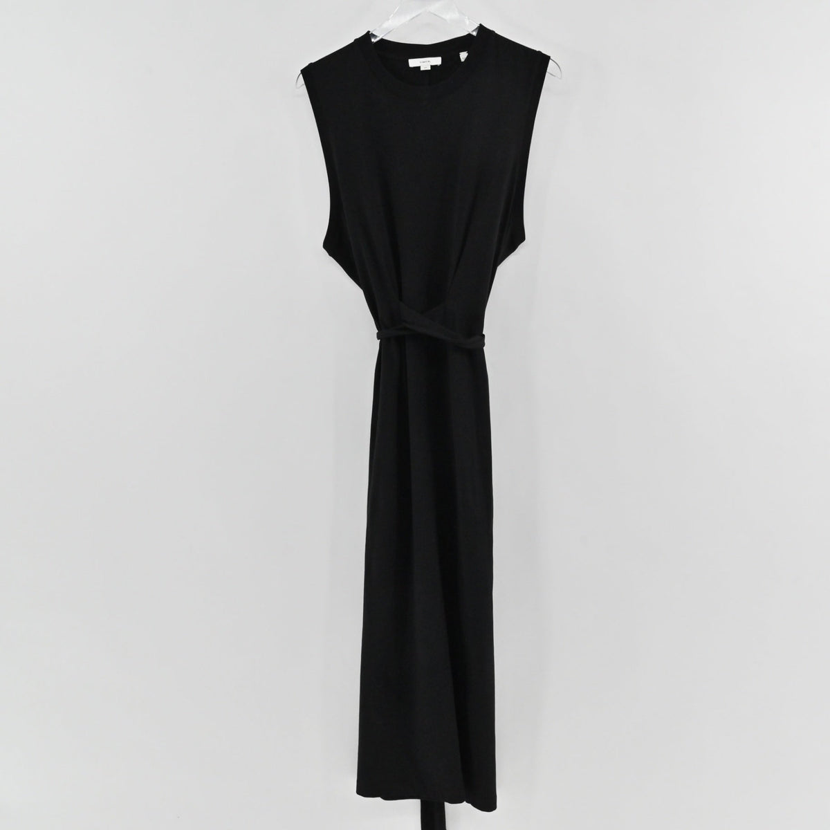 Lynn's Closet Boutique black Vince sleeveless midi dress with a tied sash waist and crew neckline on a hanger.