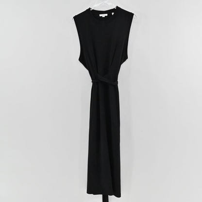 Lynn's Closet Boutique black Vince sleeveless midi dress with a tied sash waist and crew neckline on a hanger.
