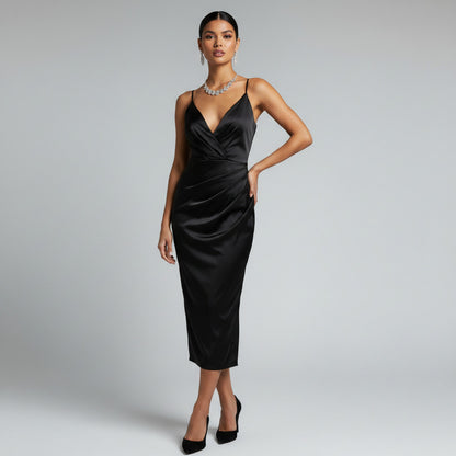 Model wearing Lynn's Closet Boutique black satin maxi dress with V-neck, spaghetti straps, and side ruching.