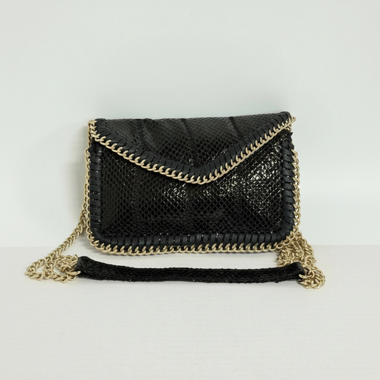 Lynn's Closet Boutique Sondra Roberts black snakeskin-embossed clutch with gold-tone chain trim and shoulder strap.