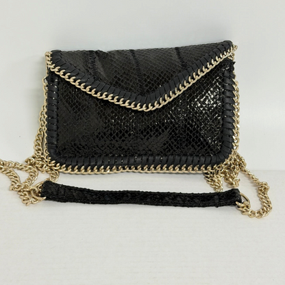Lynn's Closet Boutique Sondra Roberts black snakeskin-embossed clutch with gold-tone chain trim and shoulder strap.