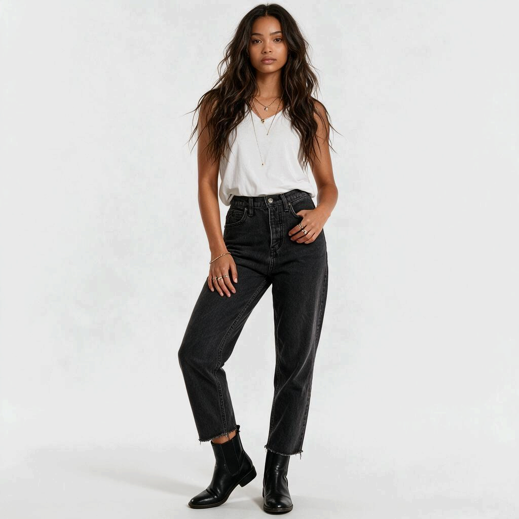Model wearing Lynn's Closet Boutique black wash high-rise straight-leg jeans with a button fly and raw frayed hem